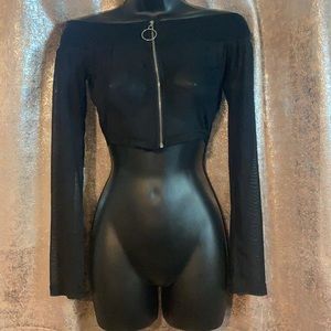 Black crop top sheer long sleeve